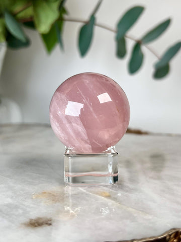 Grade AA Rose Quartz Sphere with Rainbow | High-Vibe Heart Healing Crystal on Glass Stand | Madagascar Quartz 80g - RSQ02
