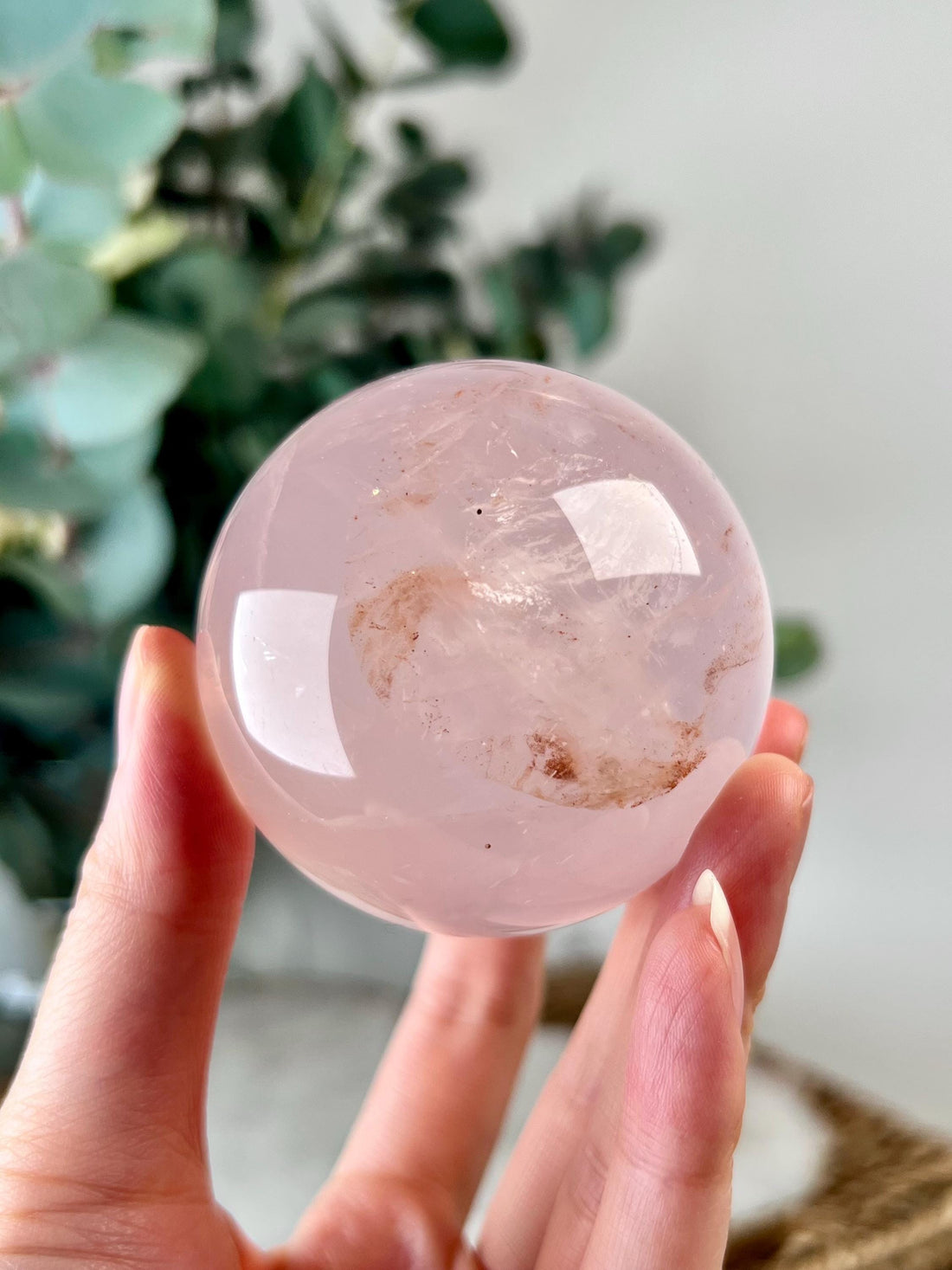 Grade AAA Rose Quartz Sphere with Iron Inclusion, Starlight and Rainbow | Heart Healing Crystal on Glass Stand |Madagascar Quartz 308g - RSQ