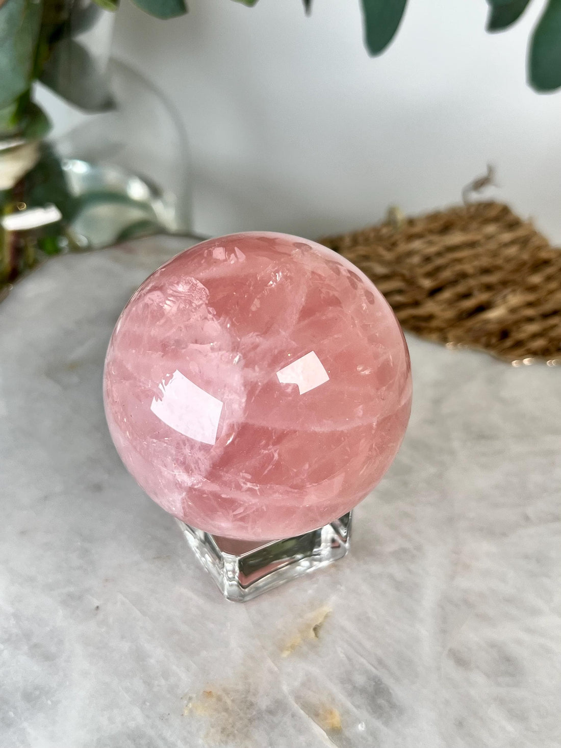 Grade AA Rose Quartz Sphere with Starlight and Rainbow | High-Vibe Heart Healing Crystal on Glass Stand | Madagascar Quartz 381g - RSQ04