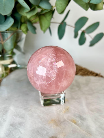 Grade AA Rose Quartz Sphere with Starlight and Rainbow | High-Vibe Heart Healing Crystal on Glass Stand | Madagascar Quartz 381g - RSQ04