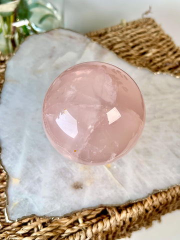 Grade AA Rose Quartz Sphere with Hematoid, Starlight and Rainbow | High-Vibe Heart Healing Crystal on Glass Stand | Madagascar 691g - RSQ06