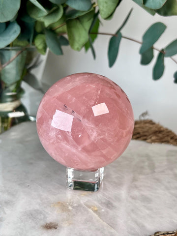 Grade AA Rose Quartz Sphere with Black Hematite, Starlight and Rainbow |Heart Healing Crystal on Glass Stand | From Madagascar 509g - RSQ13