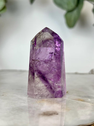 Grade A+ Phantom Amethyst Quartz Tower with Rainbows and Iron | Energetically Activated PA17, 43g DISCOUNTED for Minor Chip on Point