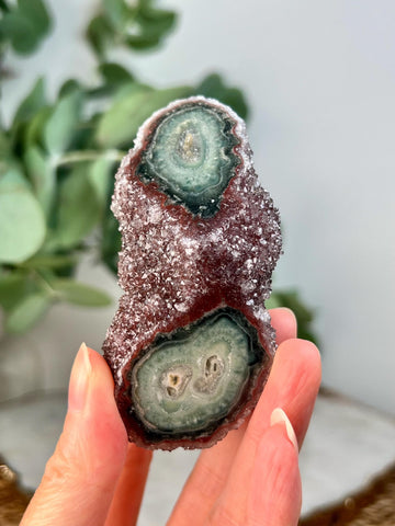 Grade AA Natural Red Druzy with Green Jasper Stalactite Eye from Uruguay – Rainbow Amethyst, Crown, Heart and Root Chakra, US130, 115g
