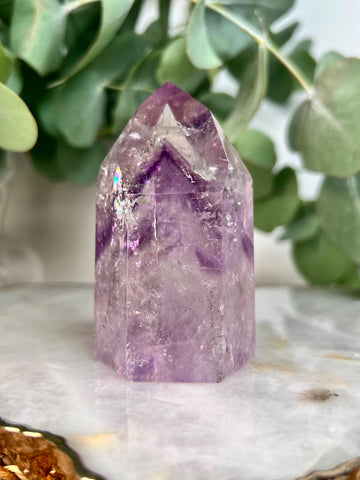 Grade A Phantom Amethyst Quartz Tower with Hematite and Rainbows | Bahia Brazil | Energetically Activated PA26, 218g