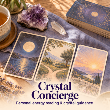Crystal Concierge service cover: illustrated cards, crystals and tea in warm light, with personal energy reading and crystal guidance title.
