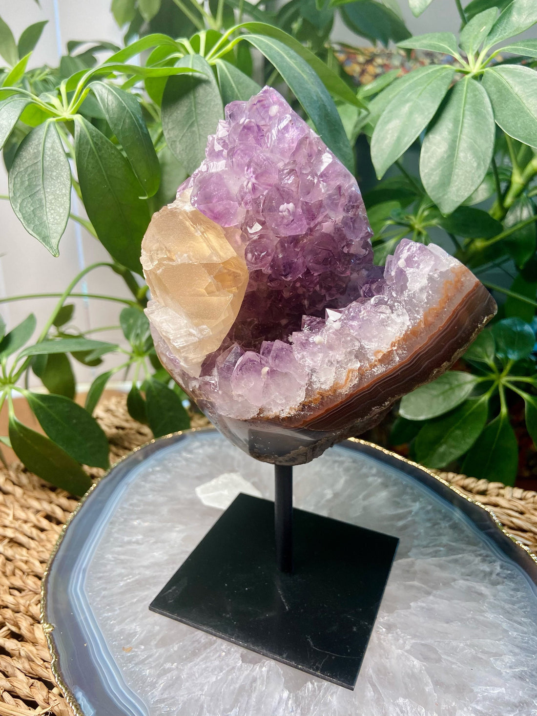 Grade AAA Natural Brazil Amethyst Geode with Calcite and Agate, Crystal Healing Home Decor 835g