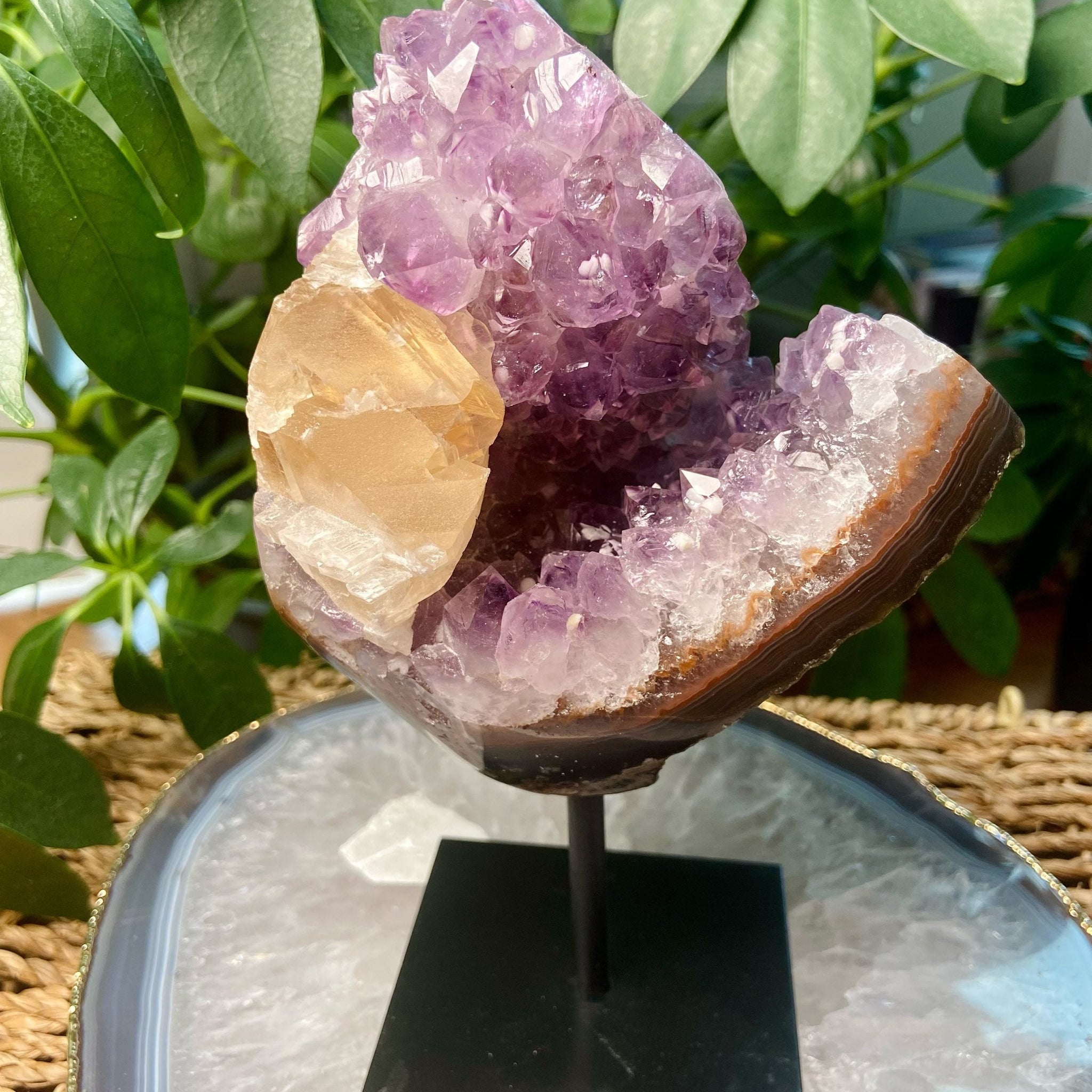 Grade AAA Natural Brazil Amethyst Geode with Calcite and Agate, Crystal Healing Home Decor 835g