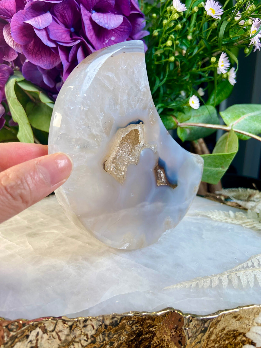 Grade AAA Large Natural Agate with Clear Quartz Geode Moon, Crystal Decor, Energy Protection, House Blessing, Moon Ritual