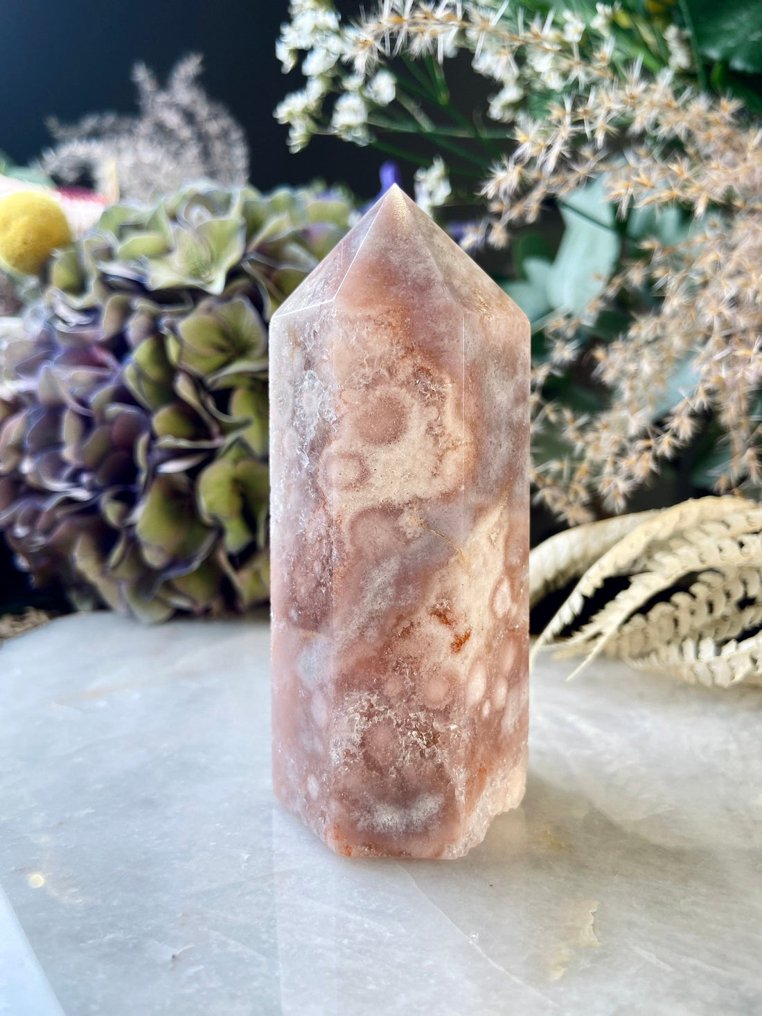 Natural Pink Flower Agate and Amethyst Quartz Geode Tower from Madagascar, Hematite Inclusion, Grade AAA, Manifestation Crystal 206g
