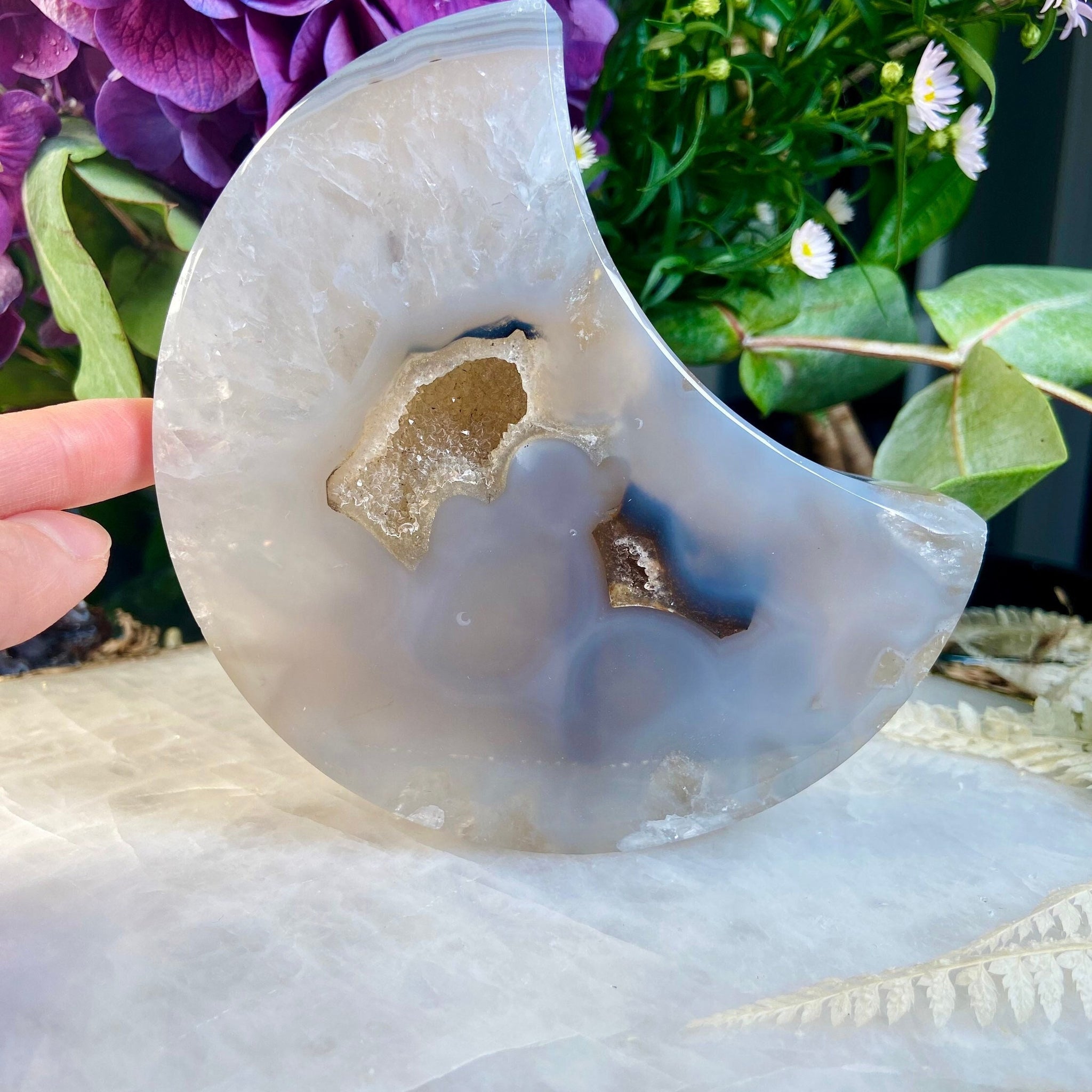 Grade AAA Large Natural Agate with Clear Quartz Geode Moon, Crystal Decor, Energy Protection, House Blessing, Moon Ritual
