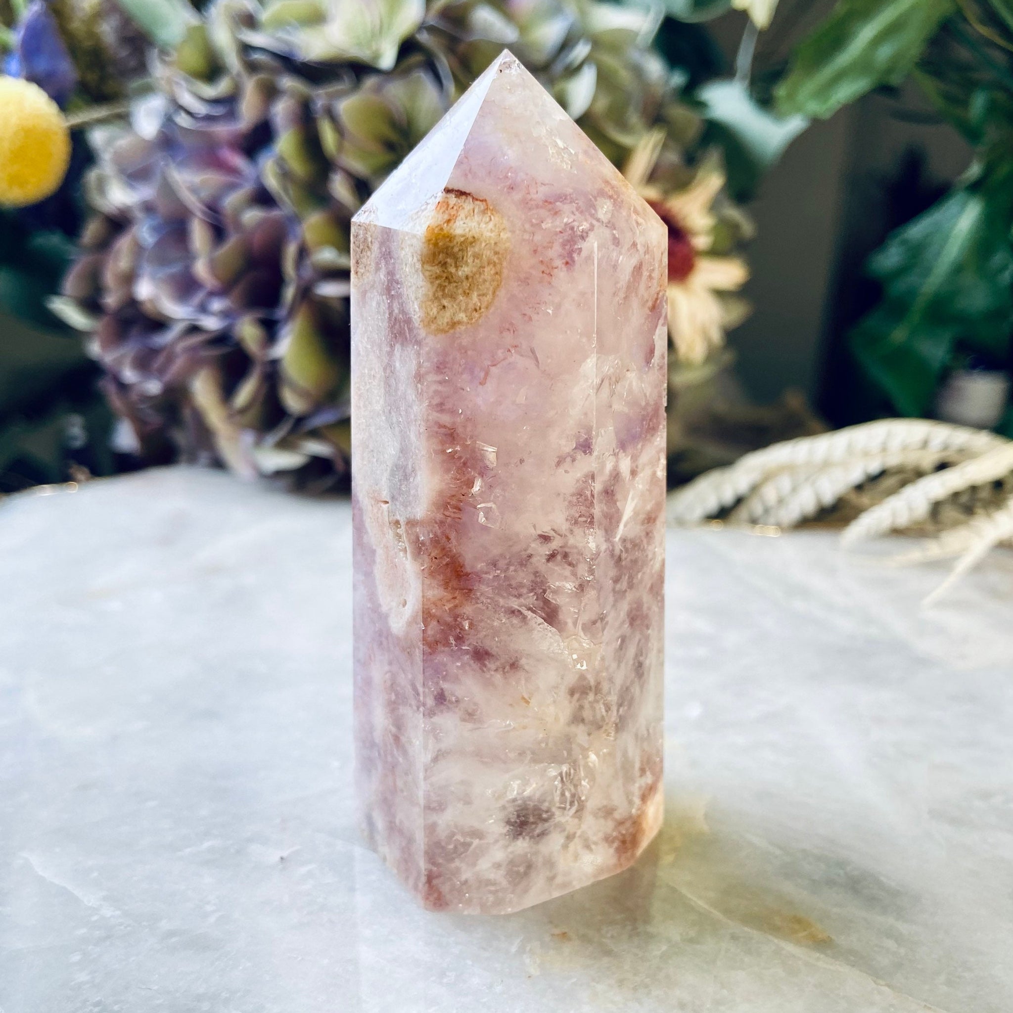 Natural Pink Flower Agate and Amethyst Quartz Geode Tower from Madagascar, Pink Hematite Inclusion, Grade AAA, Manifestation Crystal 147g
