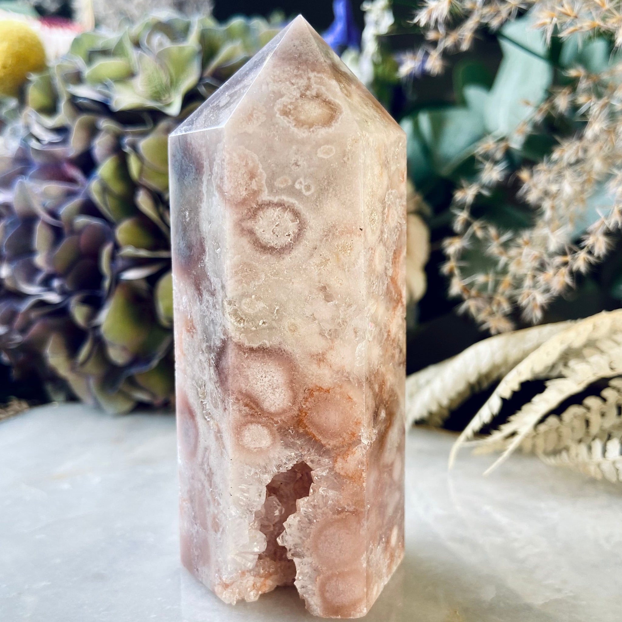 Natural Pink Flower Agate and Amethyst Quartz Geode Tower from Madagascar, Hematite Inclusion, Grade AAA, Manifestation Crystal 206g