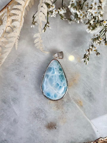 Grade AAA Natural Larimar Pendant, Handmade in Dominican Republic with 925 Silver, Chakra Healing, Inner Wisdom and Manifestation Crystal