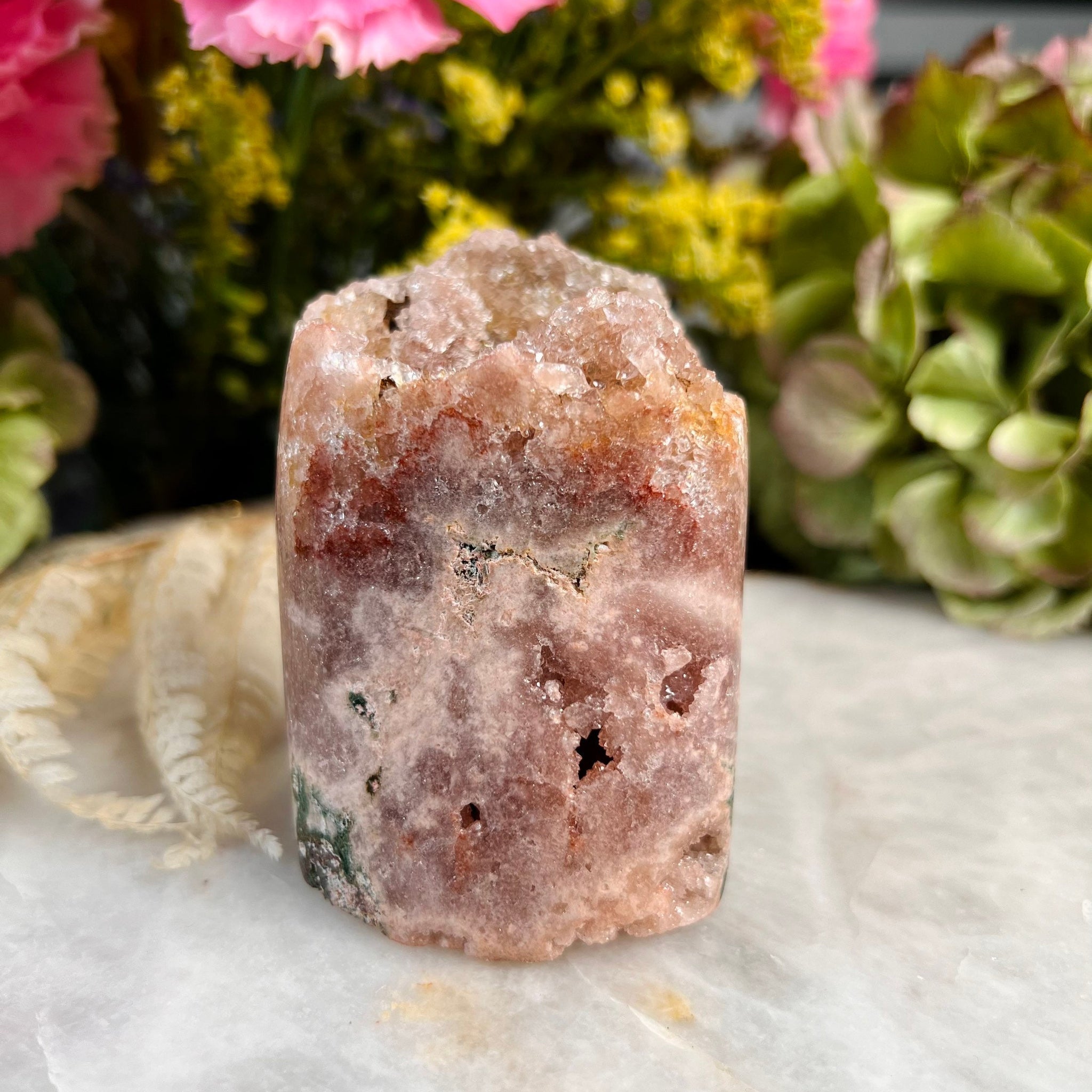 Grade AAA Natural Pink Amethyst Geode Freeform with Green Jasper, Geode Opening at top, Meditation and Healing Crystal 305g