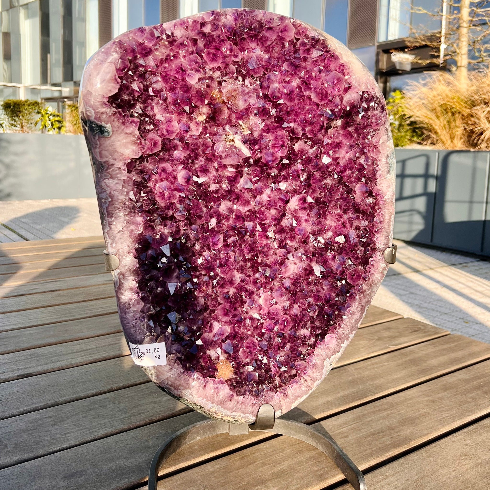Grade AAA XL Amethyst Geode on Stand, with rare Orange Amethyst Flower and Perfect Calcite Point, Natural Rock Back, Unique Statement31.8KG