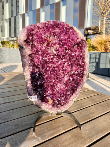 Grade AAA XL Amethyst Geode on Stand, with rare Orange Amethyst Flower and Perfect Calcite Point, Natural Rock Back, Unique Statement31.8KG