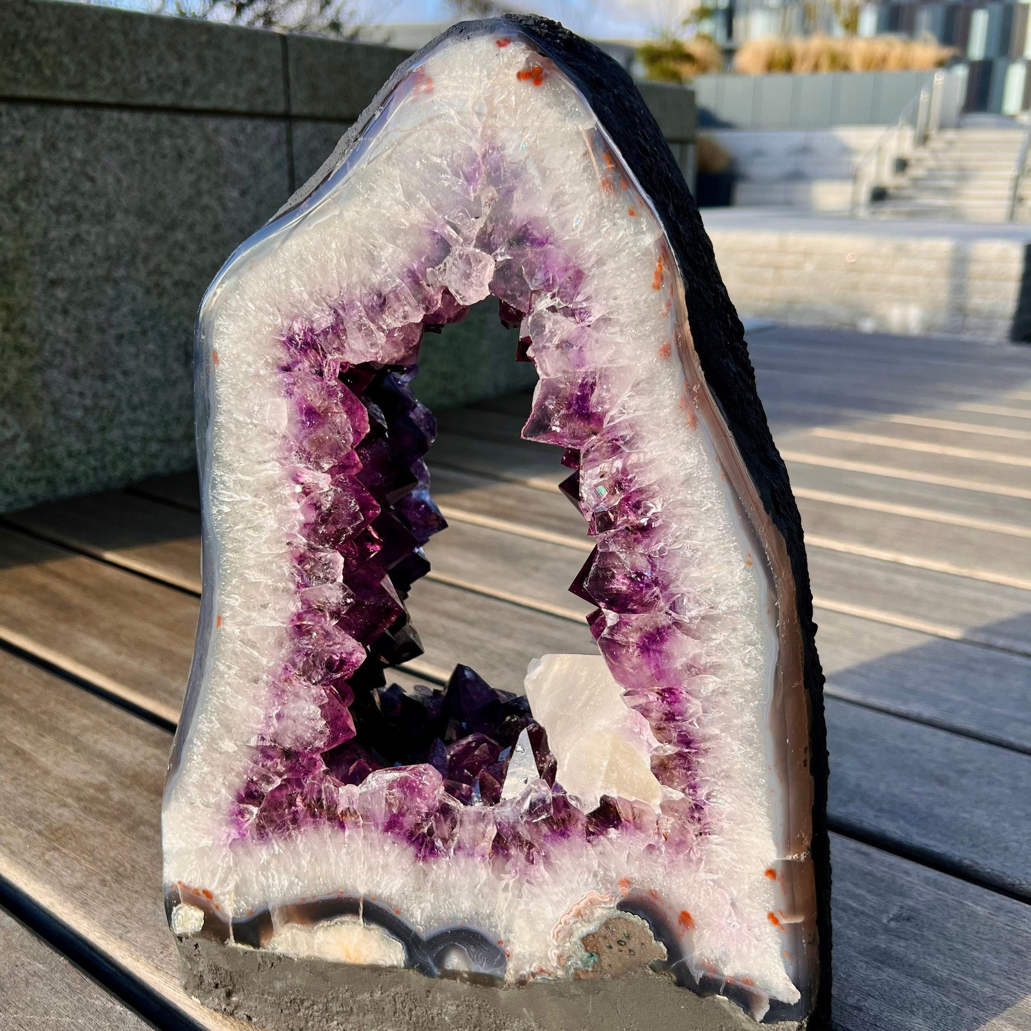 Grade AAA Brazil Amethyst Portal with Large Calcite Point and Agate Flowers, Many rainbows in Quartz and Amethyst 16.75KG