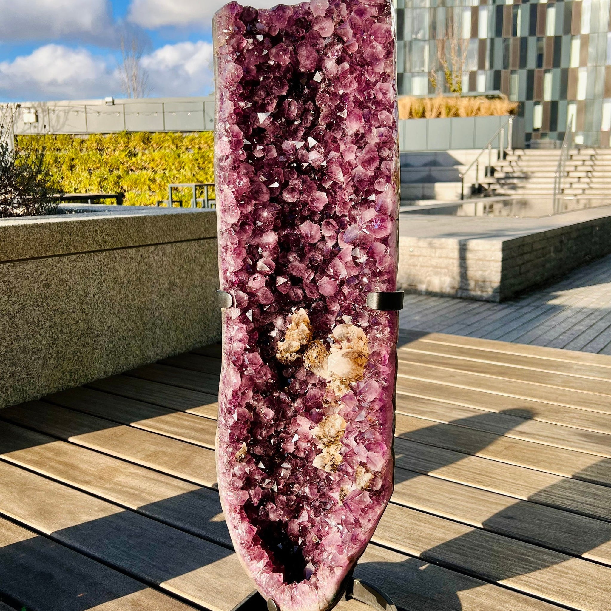 Grade AAA XL Amethyst Geode on Stand, with RARE Natural Wing-shape Calcite with Black Druzy, Unique Statement 25kg