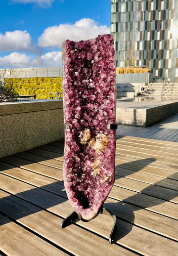 Grade AAA XL Amethyst Geode on Stand, with RARE Natural Wing-shape Calcite with Black Druzy, Unique Statement 25kg