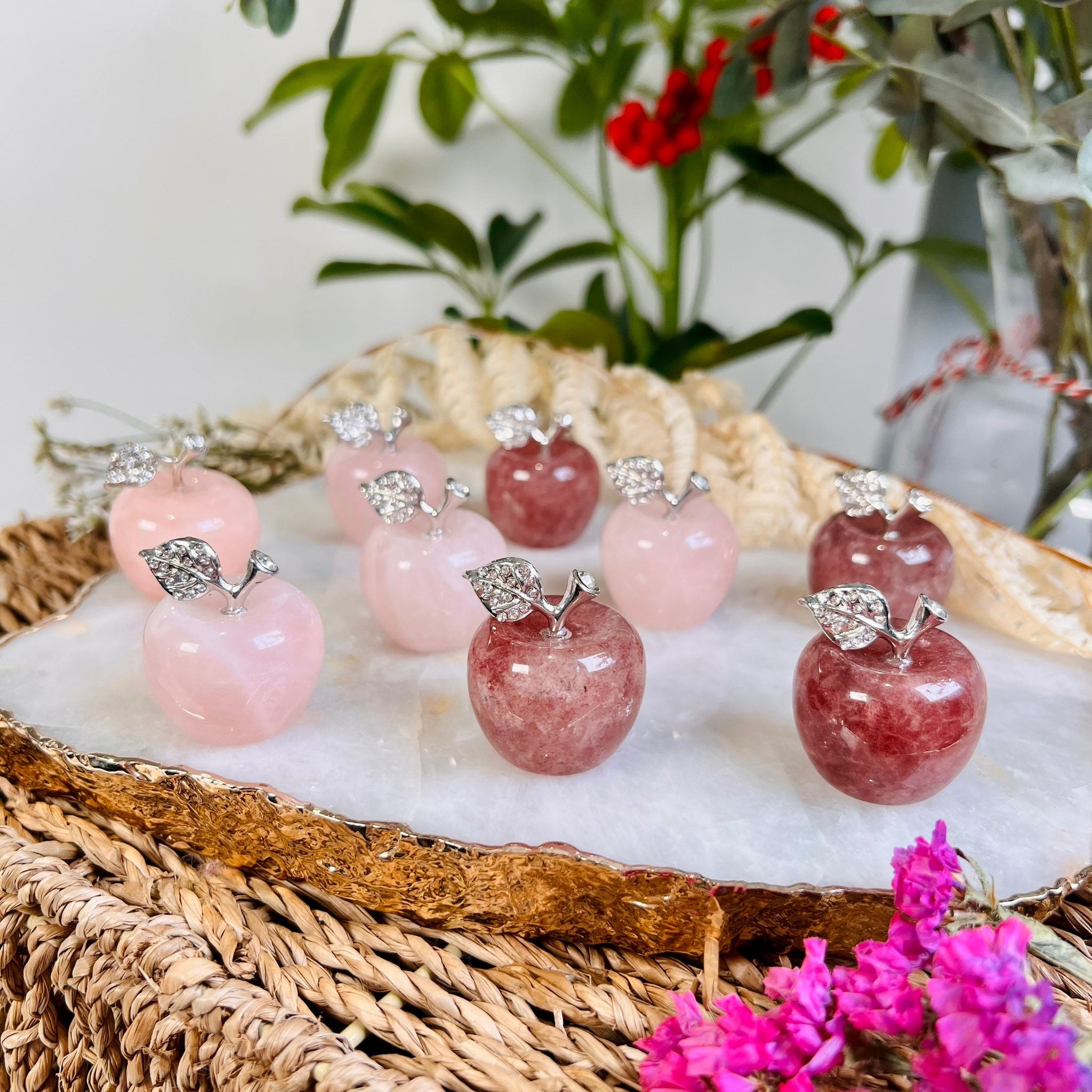 Rose Quartz and Strawberry Quartz Apples, Crystal Carving, Love and Harmony, Gift for Her