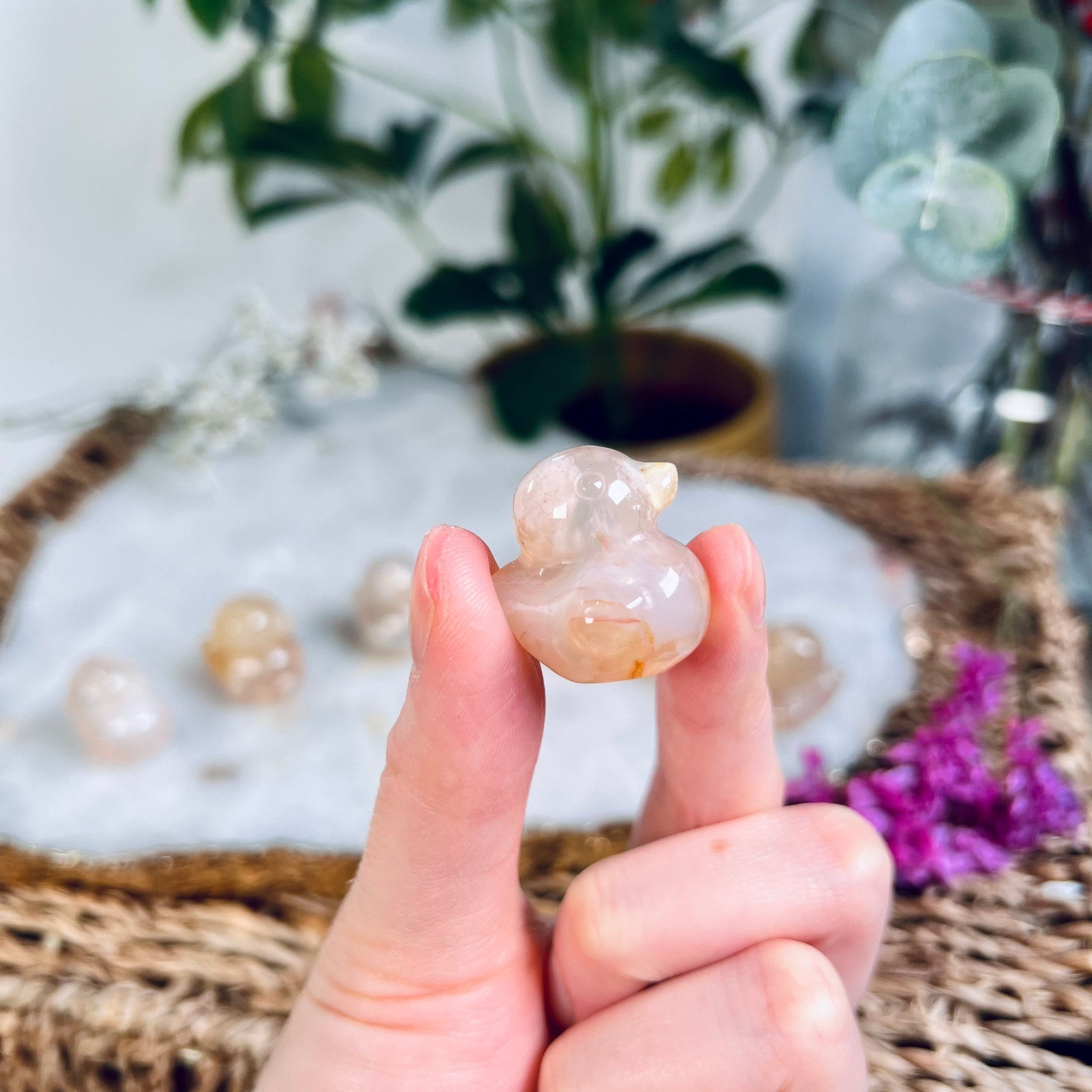 Grade AAA Madagascar Flower Agate Duck, Natural Crystal Carving, Cherry Blossom Agate Quartz