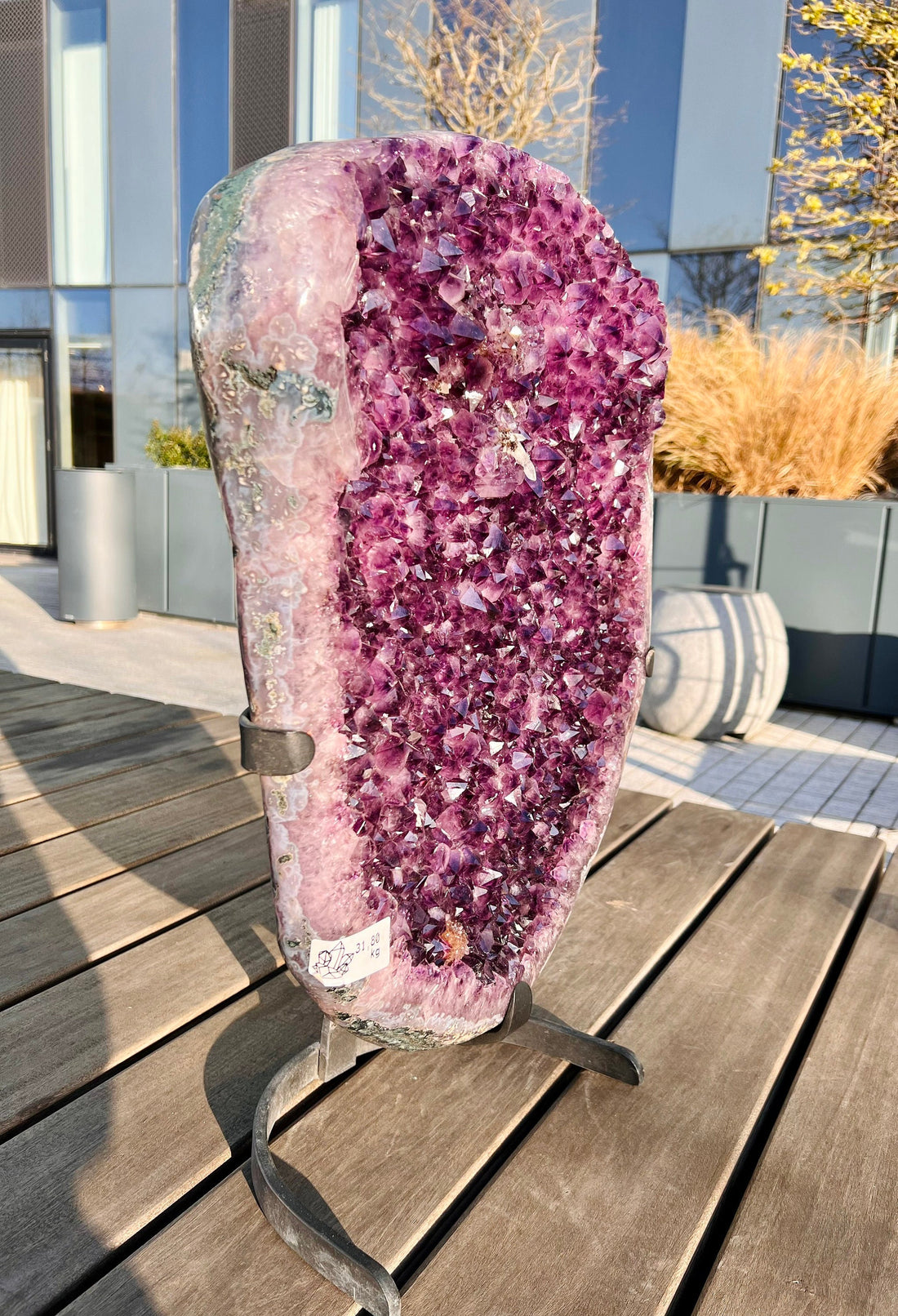 Grade AAA XL Amethyst Geode on Stand, with rare Orange Amethyst Flower and Perfect Calcite Point, Natural Rock Back, Unique Statement31.8KG