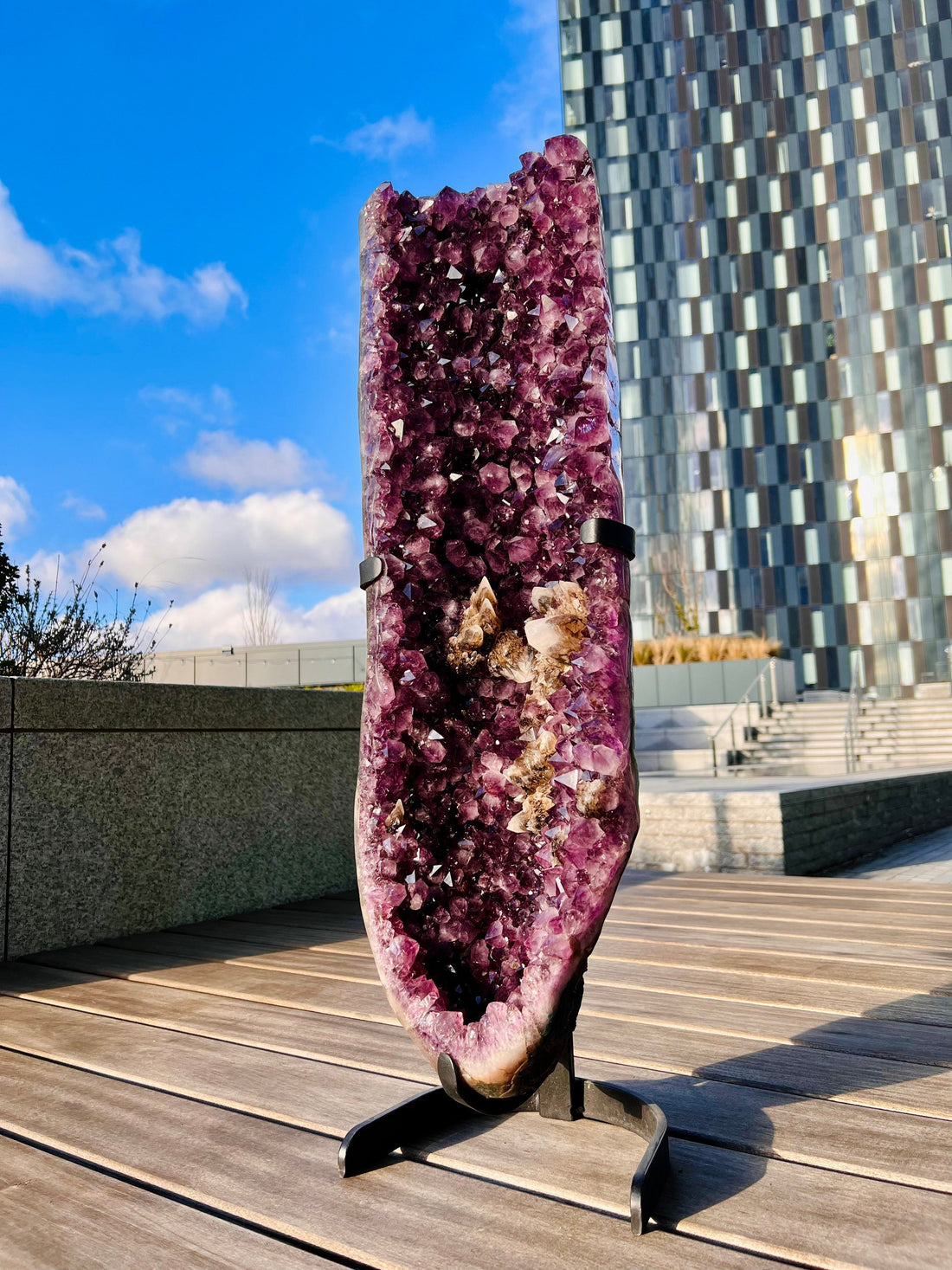 Grade AAA XL Amethyst Geode on Stand, with RARE Natural Wing-shape Calcite with Black Druzy, Unique Statement 25kg