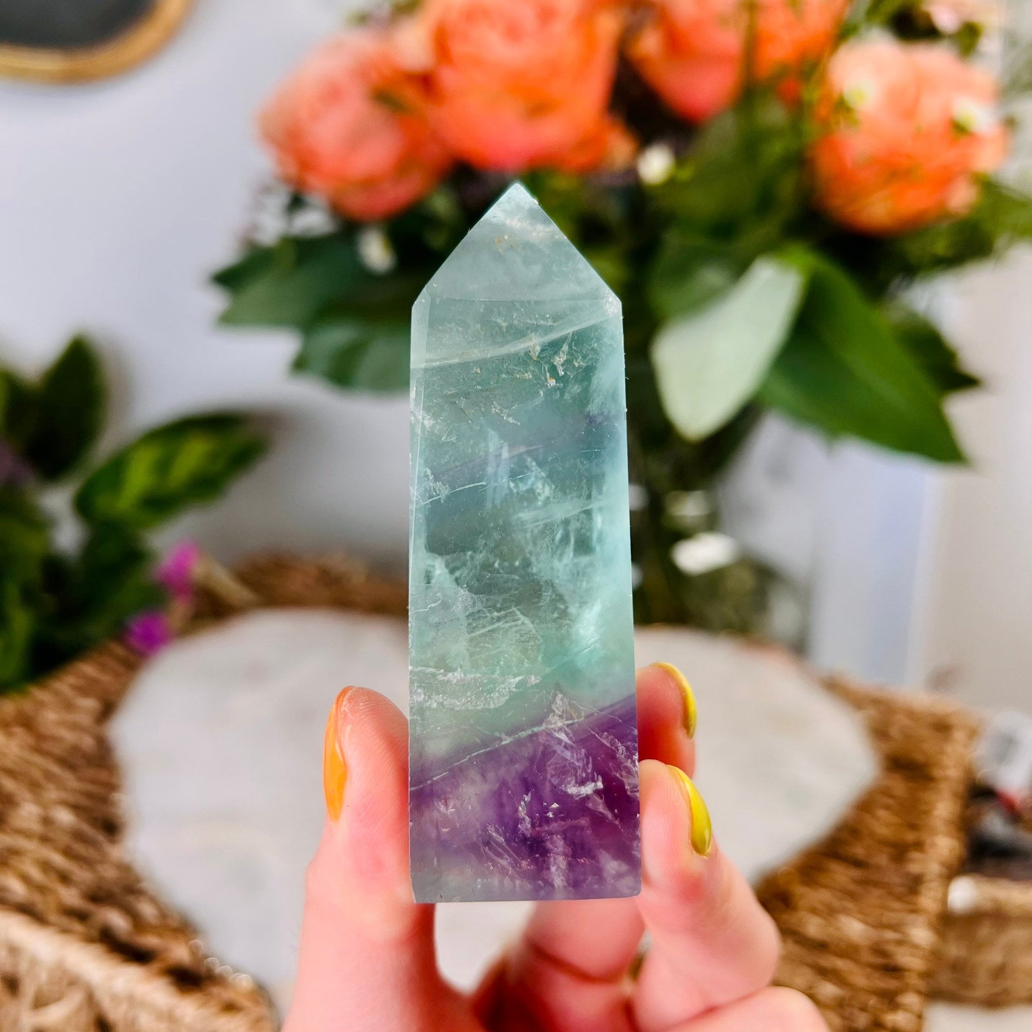Grade AAA Rainbow Fluorite Tower, Green Purple Fluorite, Gem Quality, Healing Crystal Home Decor 124g