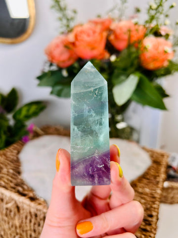 Grade AAA Rainbow Fluorite Tower, Green Purple Fluorite, Gem Quality, Healing Crystal Home Decor 124g