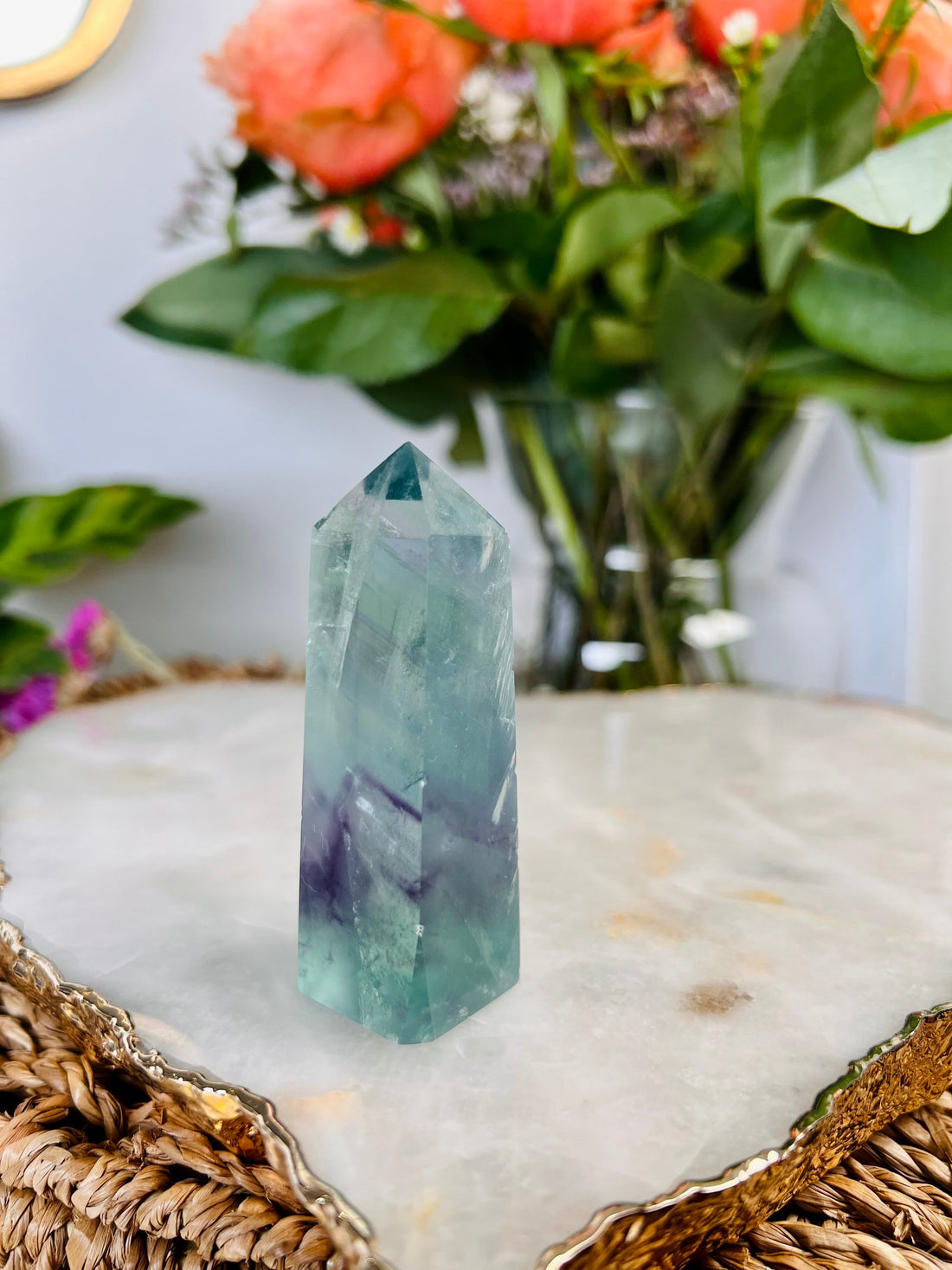 Grade AAA Phantom Rainbow Fluorite Tower, Green Purple Fluorite, 85g, Healing Crystal Home Decor