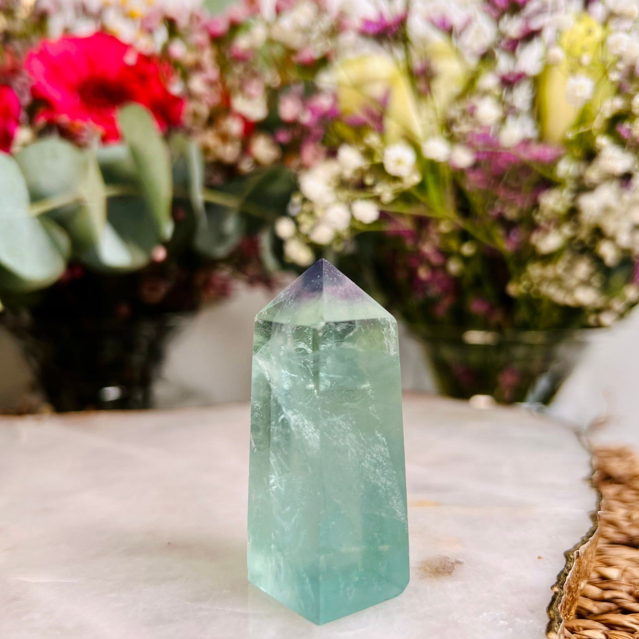ADOPTION- Grade AAA Rainbow Fluorite Tower 53g, Green Purple Fluorite, Gem Quality, Discounted for minor shipping damage