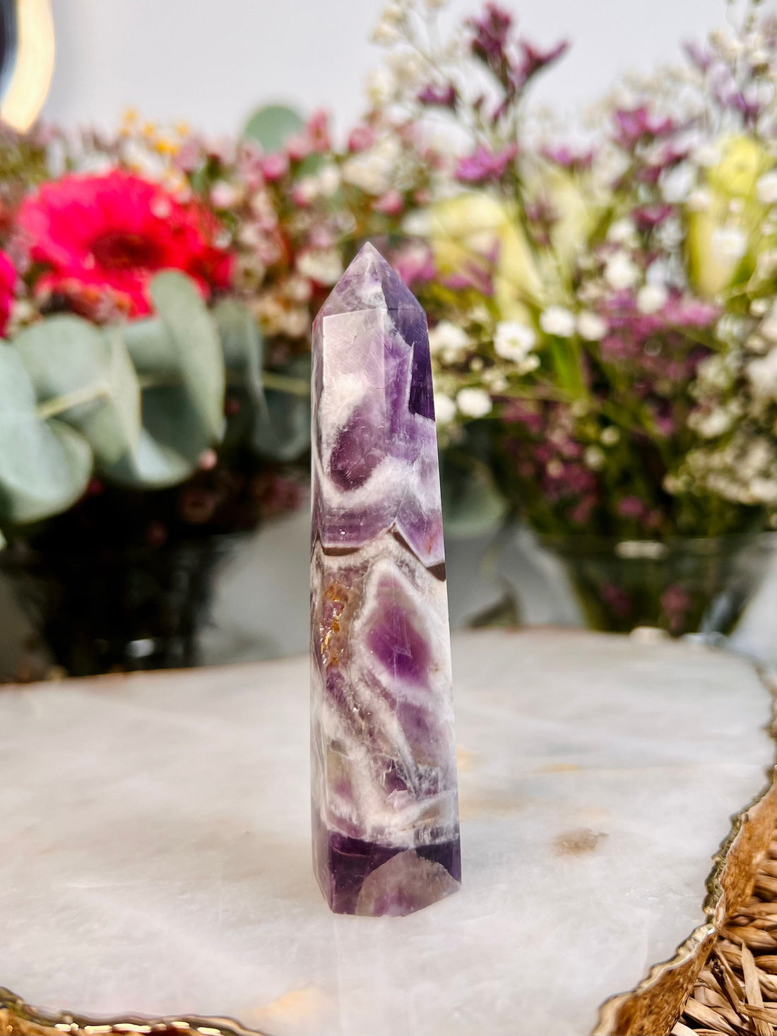 Grade AA Dream Amethyst Tower,Amethyst with White Quartz, Chakra Balance, Energy Protection,Good Fortune,Mind Clarity, Harmony Crystal 57g
