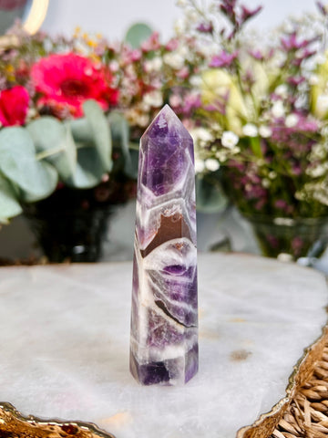 Grade AA Dream Amethyst Tower,Amethyst with White Quartz, Chakra Balance, Energy Protection,Good Fortune,Mind Clarity, Harmony Crystal 57g