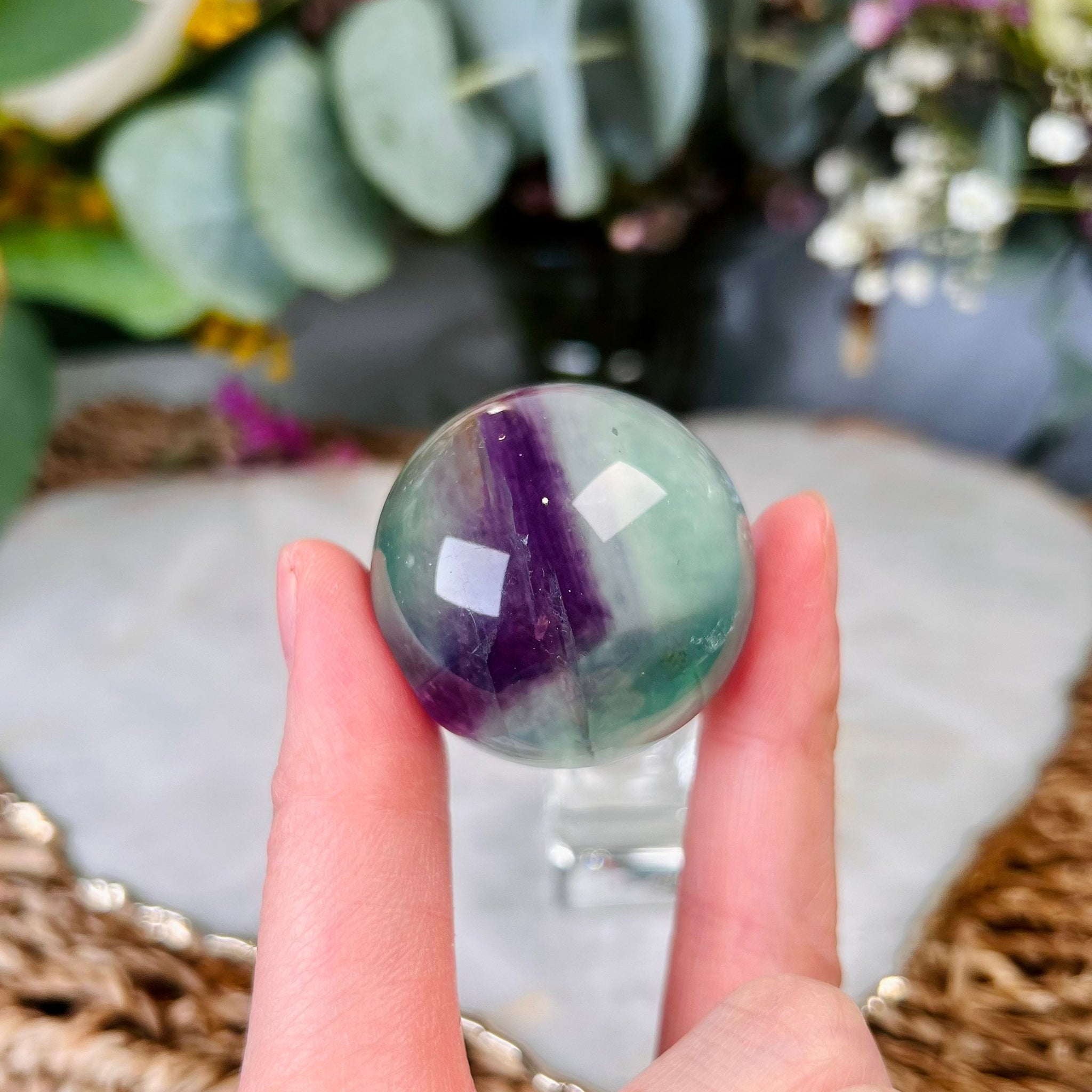 Grade AAA Rainbow Fluorite Sphere with Stand, Green and Purple Fluorite, Crystal Healing Home Decor 84g FS04