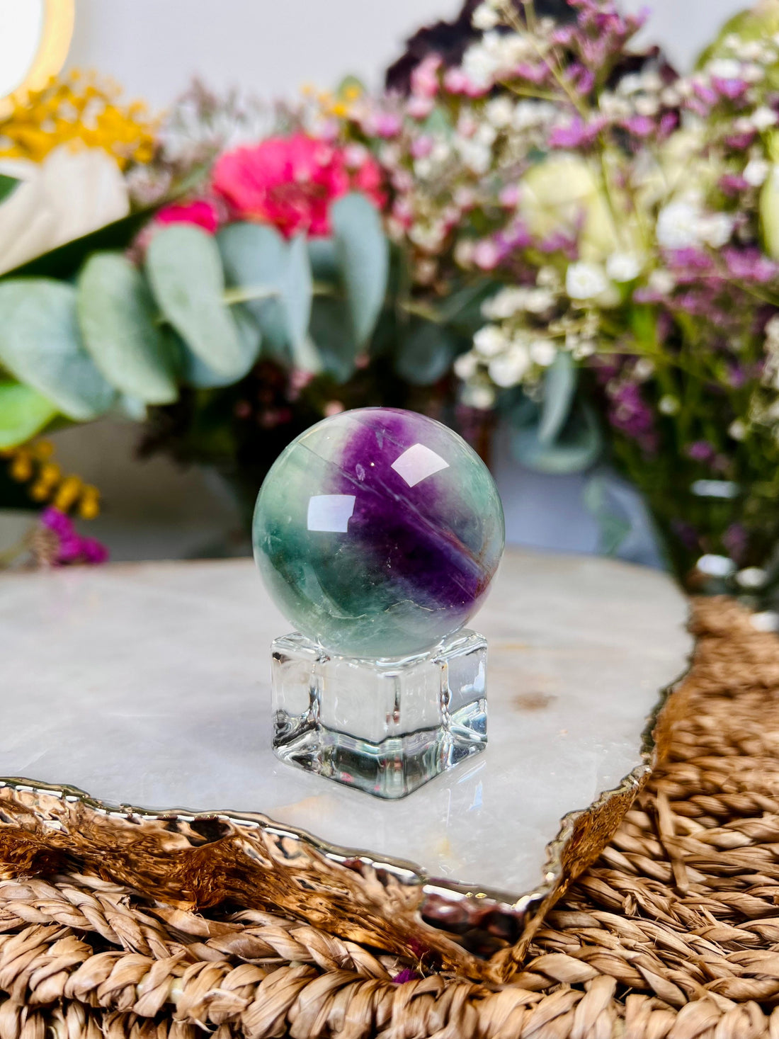 Grade AAA Rainbow Fluorite Sphere with Stand, Green and Purple Fluorite, Crystal Healing Home Decor 84g FS04