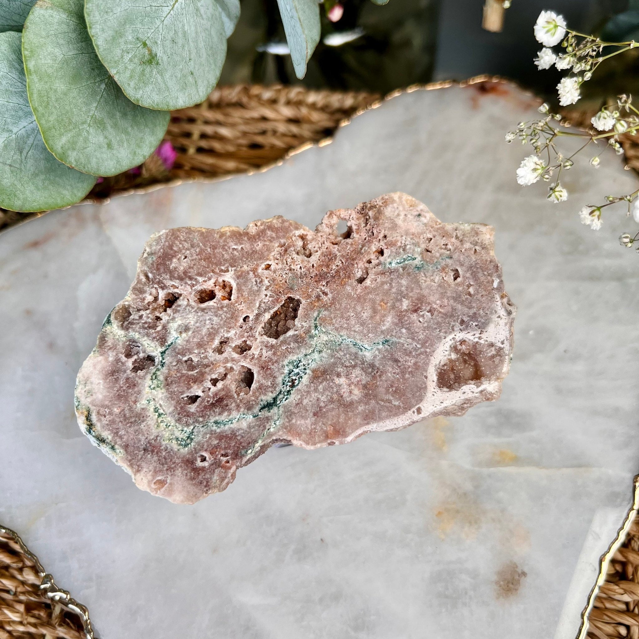 Natural Pink Amethyst Slab with Druzy Geodes and Green Jasper, 150g