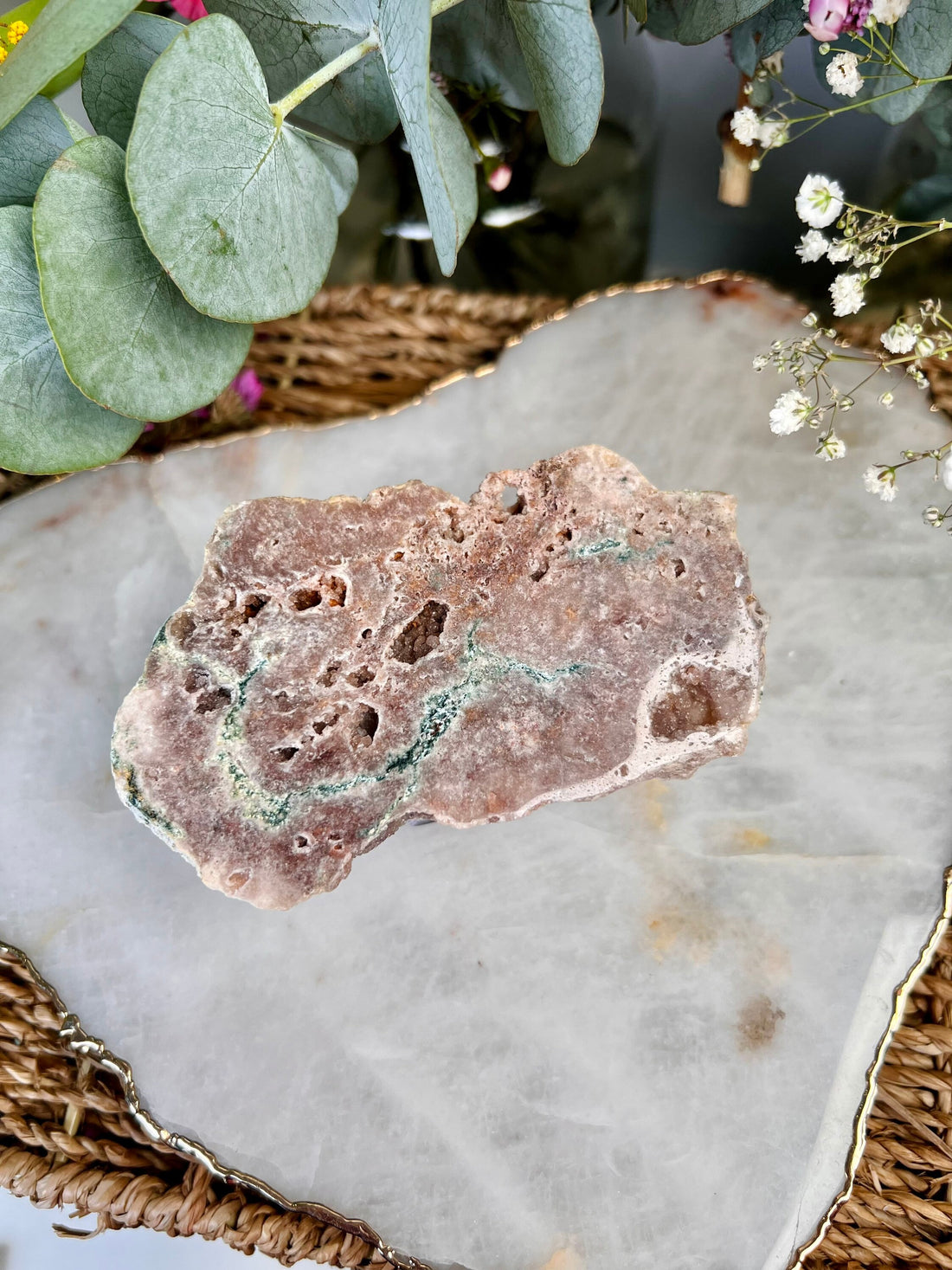 Natural Pink Amethyst Slab with Druzy Geodes and Green Jasper, 150g