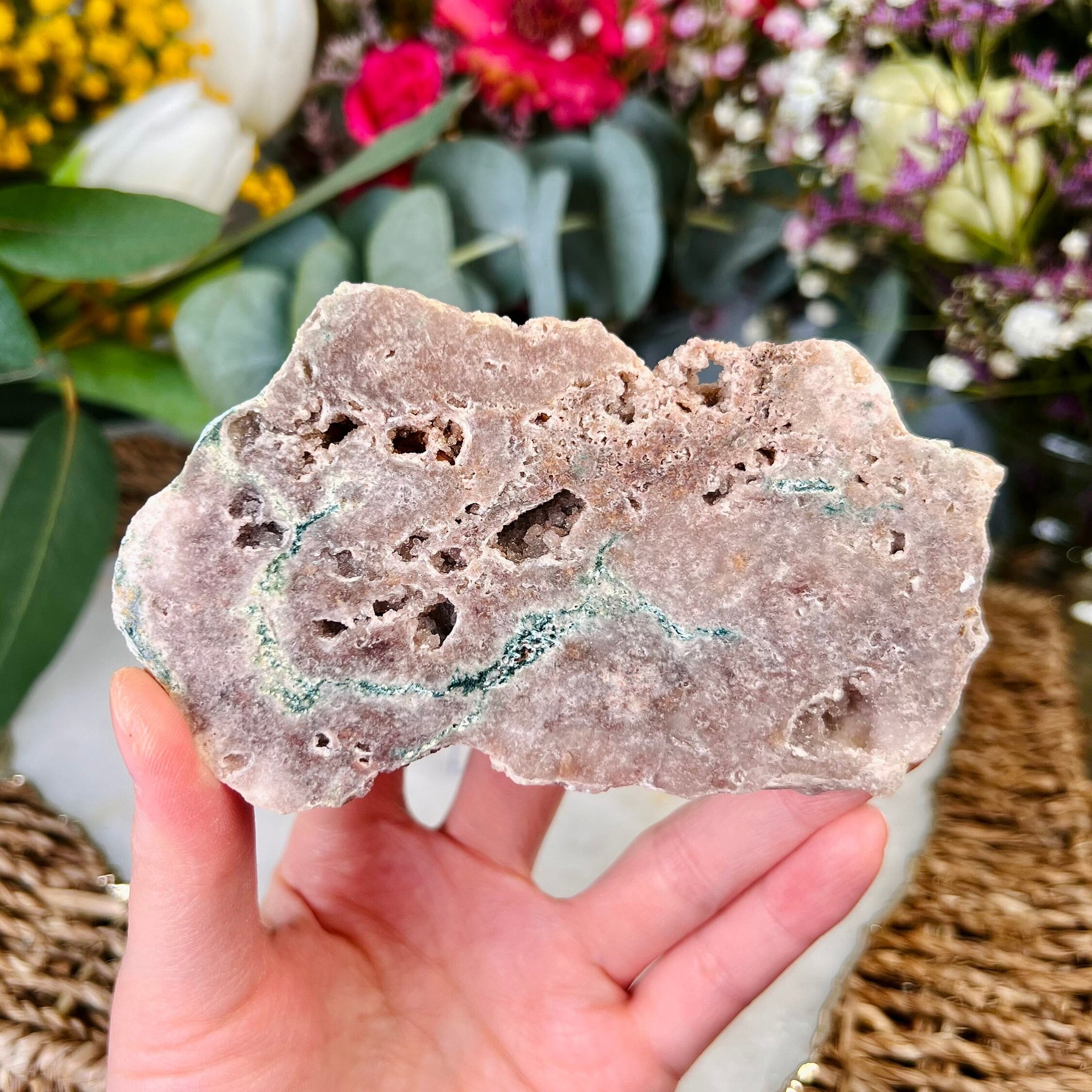 Natural Pink Amethyst Slab with Druzy Geodes and Green Jasper, 150g