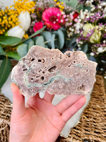 Natural Pink Amethyst Slab with Druzy Geodes and Green Jasper, 150g