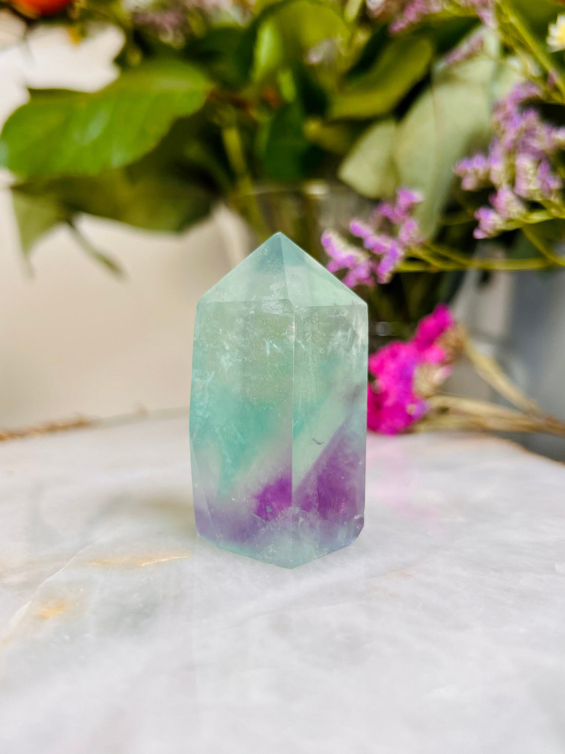 Grade AAA Rainbow Fluorite Tower, Green Purple Fluorite, Gem Quality, Healing Crystal Home Decor 65g
