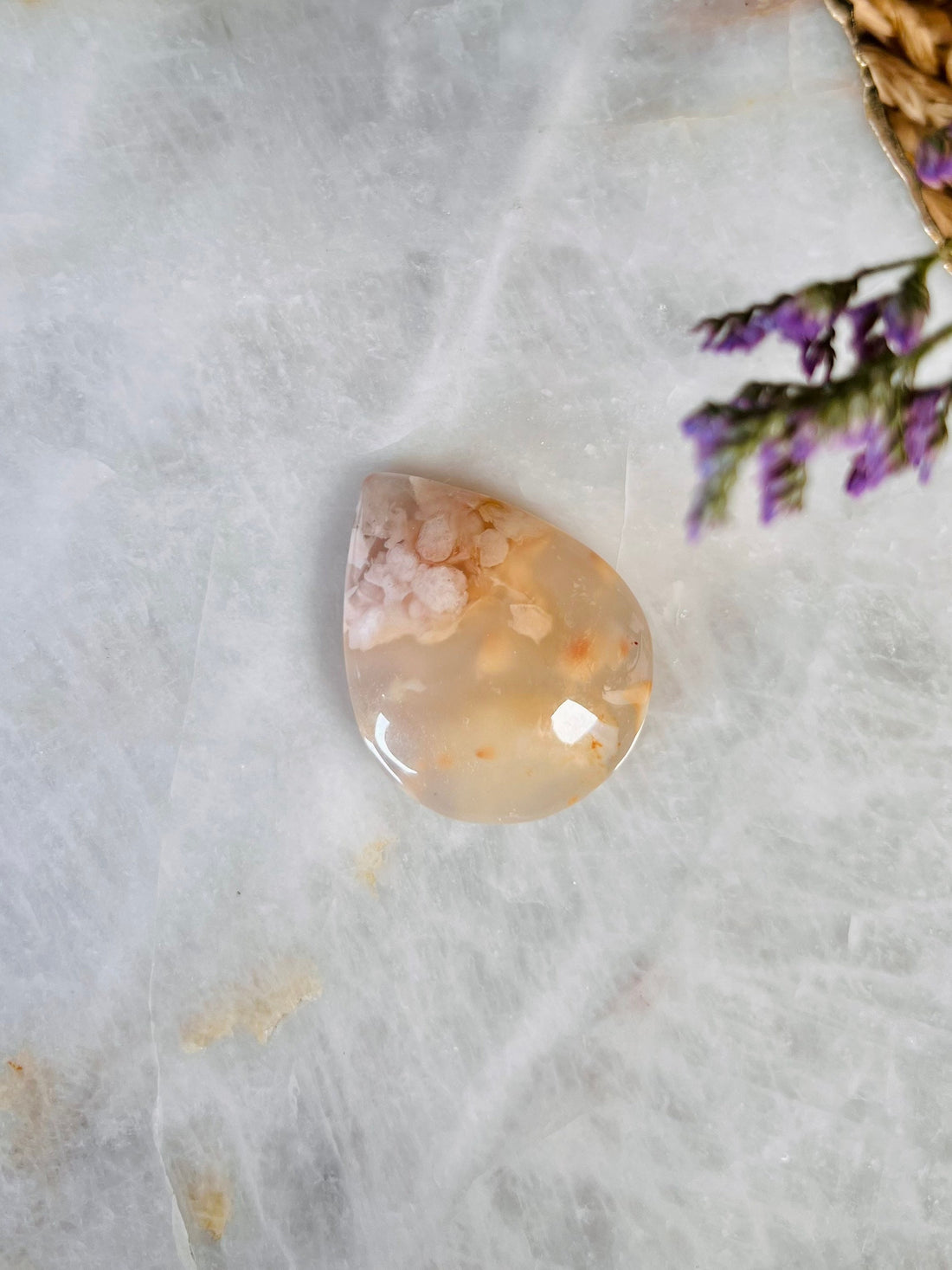 Grade AAA Natural Flower Agate Cabochon, Crystal Healing, Teardrop Cabochon 19g