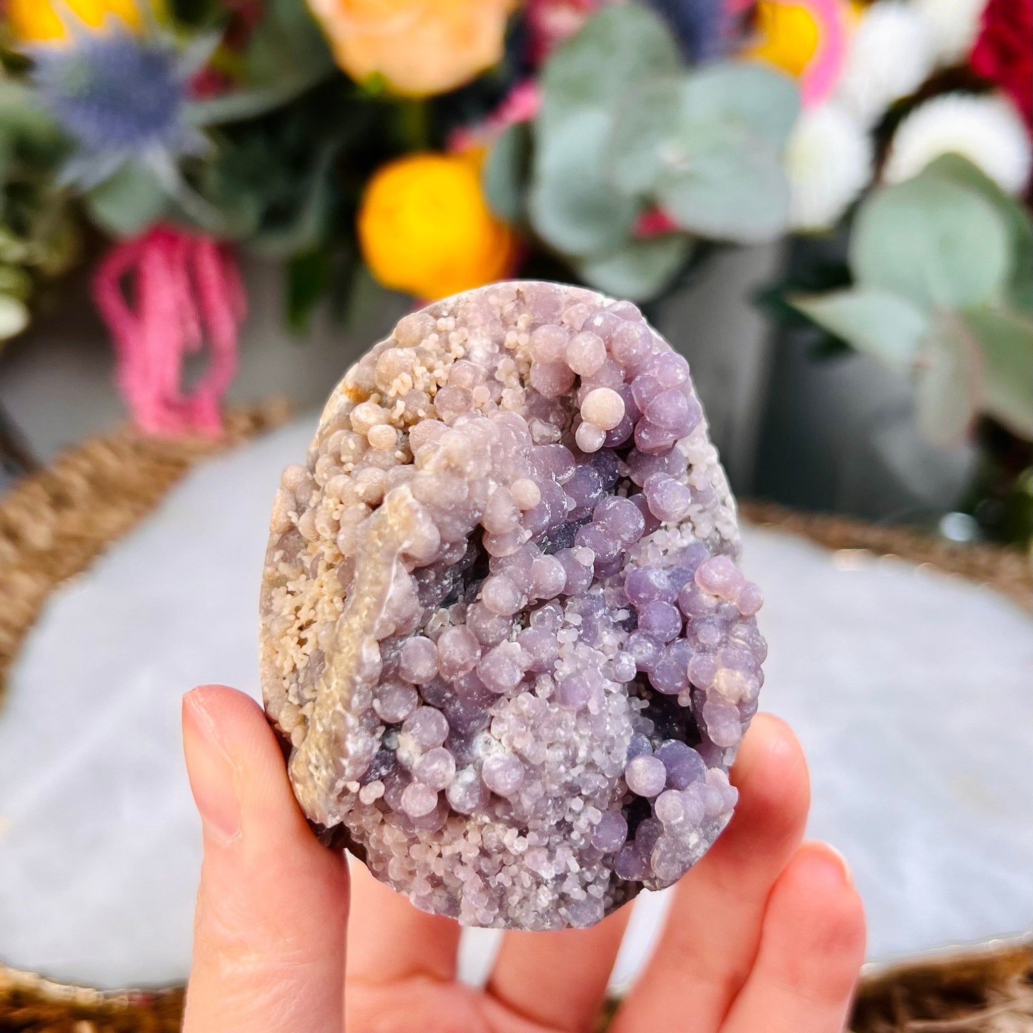 Grade AAA Natural Purple Grape Agate Geode Egg 178g Natural Velvet Shine Lilac Bubbles, Healing Crystal Home Decor