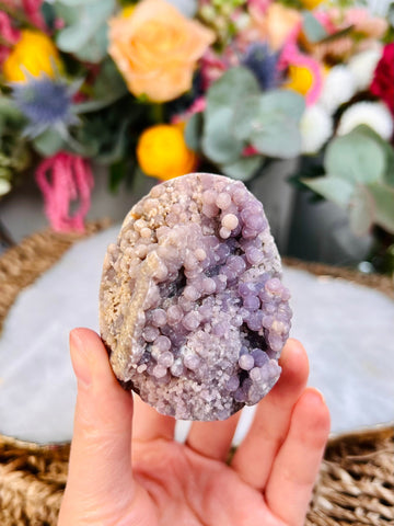 Grade AAA Natural Purple Grape Agate Geode Egg 178g Natural Velvet Shine Lilac Bubbles, Healing Crystal Home Decor