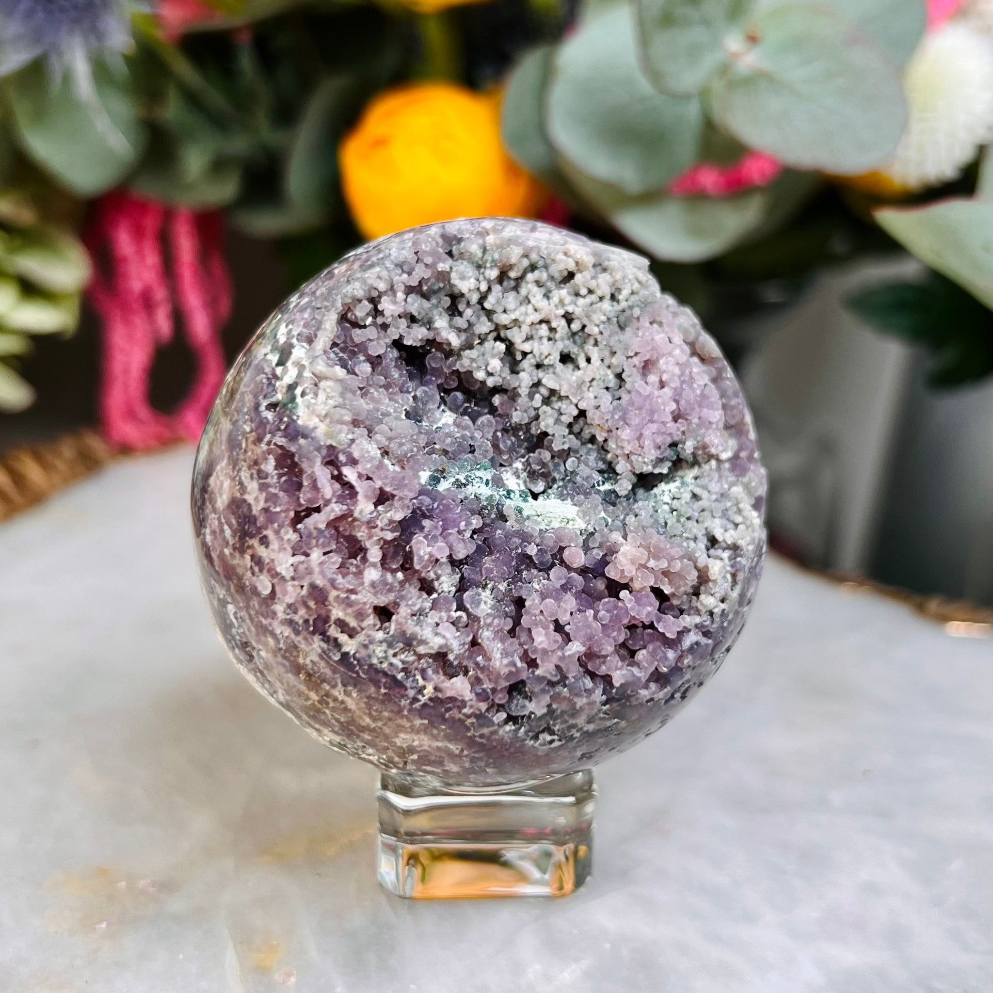 Grade AAA Natural Purple Grape Agate Sphere on Stand from Indonesia 288g  Natural Velvet Shine Bubbles, Healing Crystal Home Decor