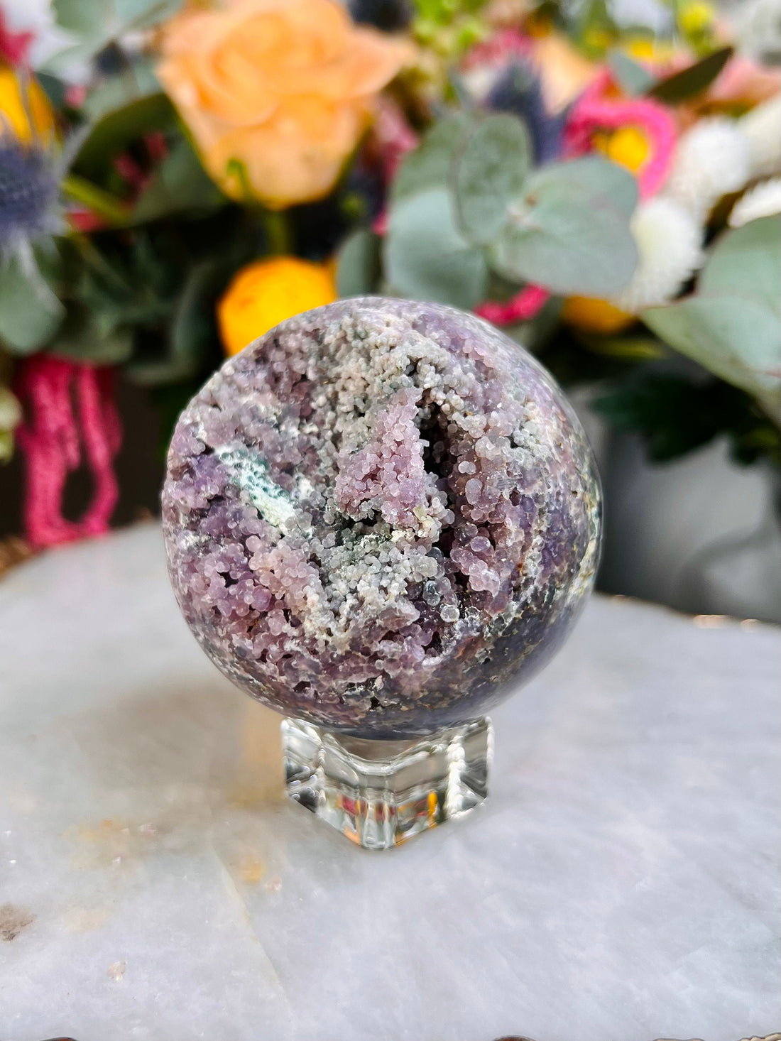 Grade AAA Natural Purple Grape Agate Sphere on Stand from Indonesia 288g  Natural Velvet Shine Bubbles, Healing Crystal Home Decor