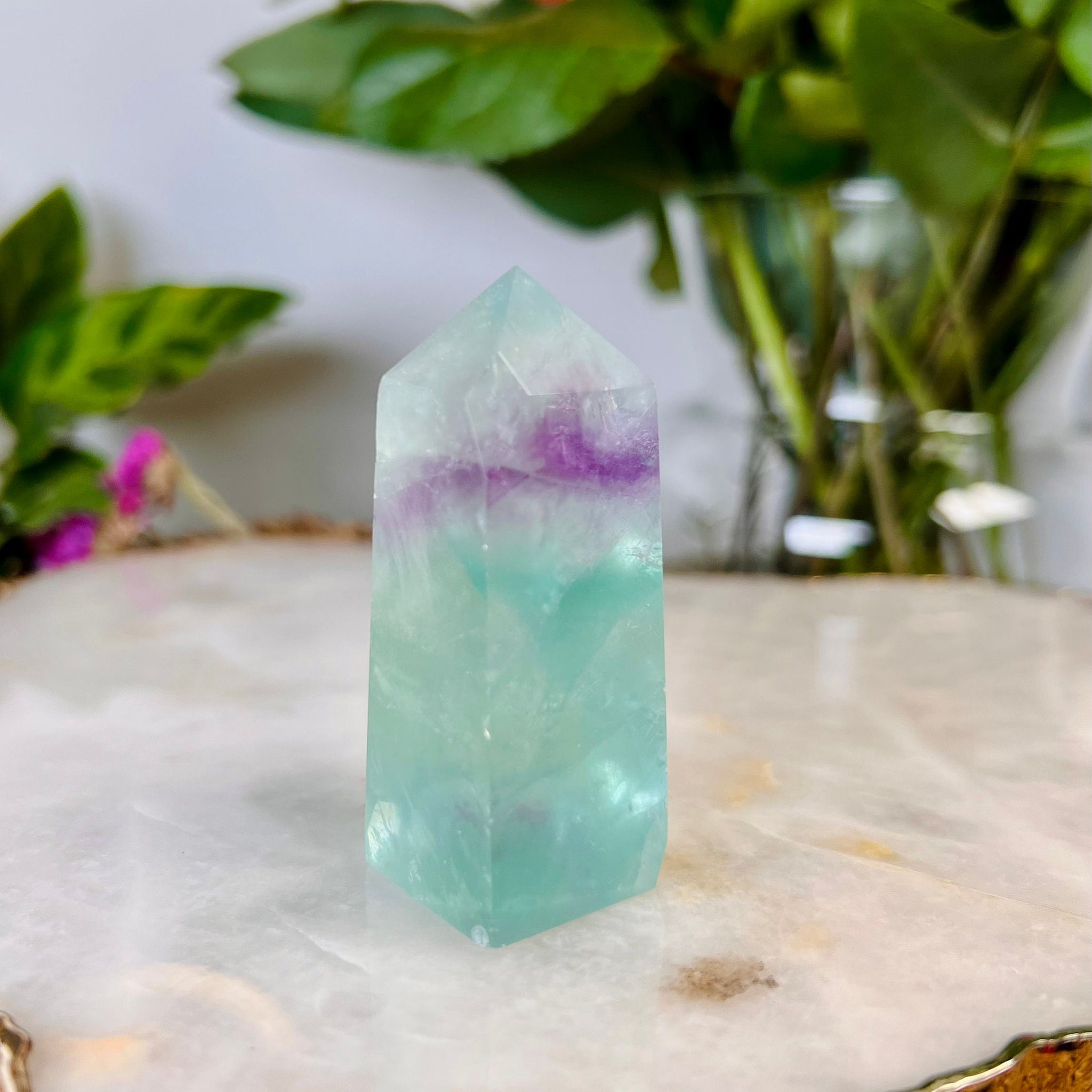 Grade AAA Rainbow Fluorite Tower 82g, Green Purple Fluorite, Crystal Healing Home Decor