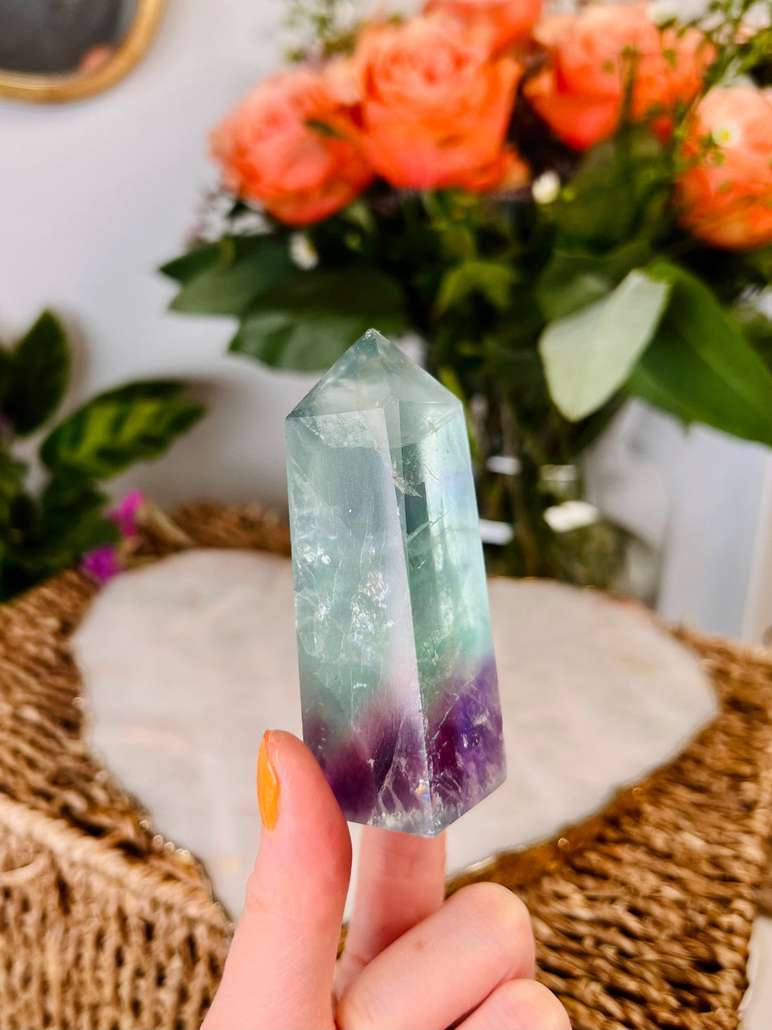 Grade AAA Rainbow Fluorite Tower, Green Purple Fluorite, Gem Quality, Healing Crystal Home Decor 124g