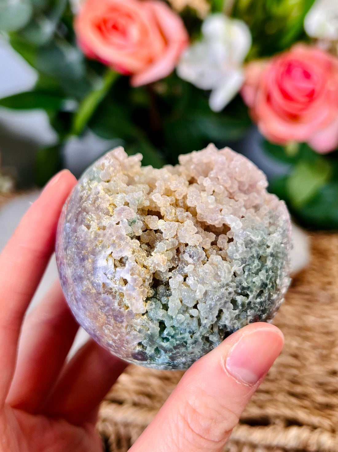 Grade AAA Natural Tricolour Grape Agate Sphere on Stand from Indonesia 247g Healing Crystal Home Decor