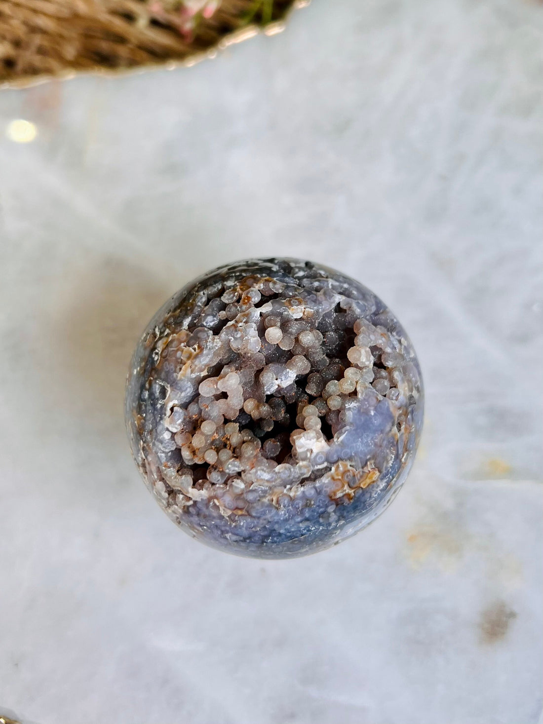 Grade AAA Natural Grape Agate  Sphere on Stand from Indonesia, 194g Natural Velvet Sugar Shine Bubbles, Healing Crystal Home Decor